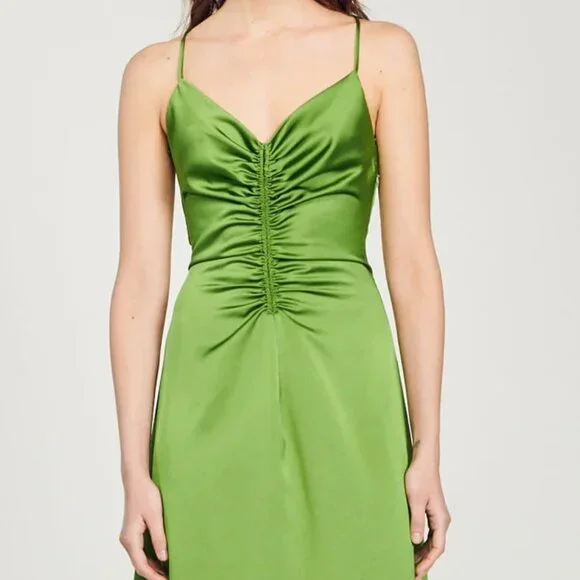 SANDRO Zola Ruched V-neck Satin Green Satin Midi Dress S (FR 36) $340